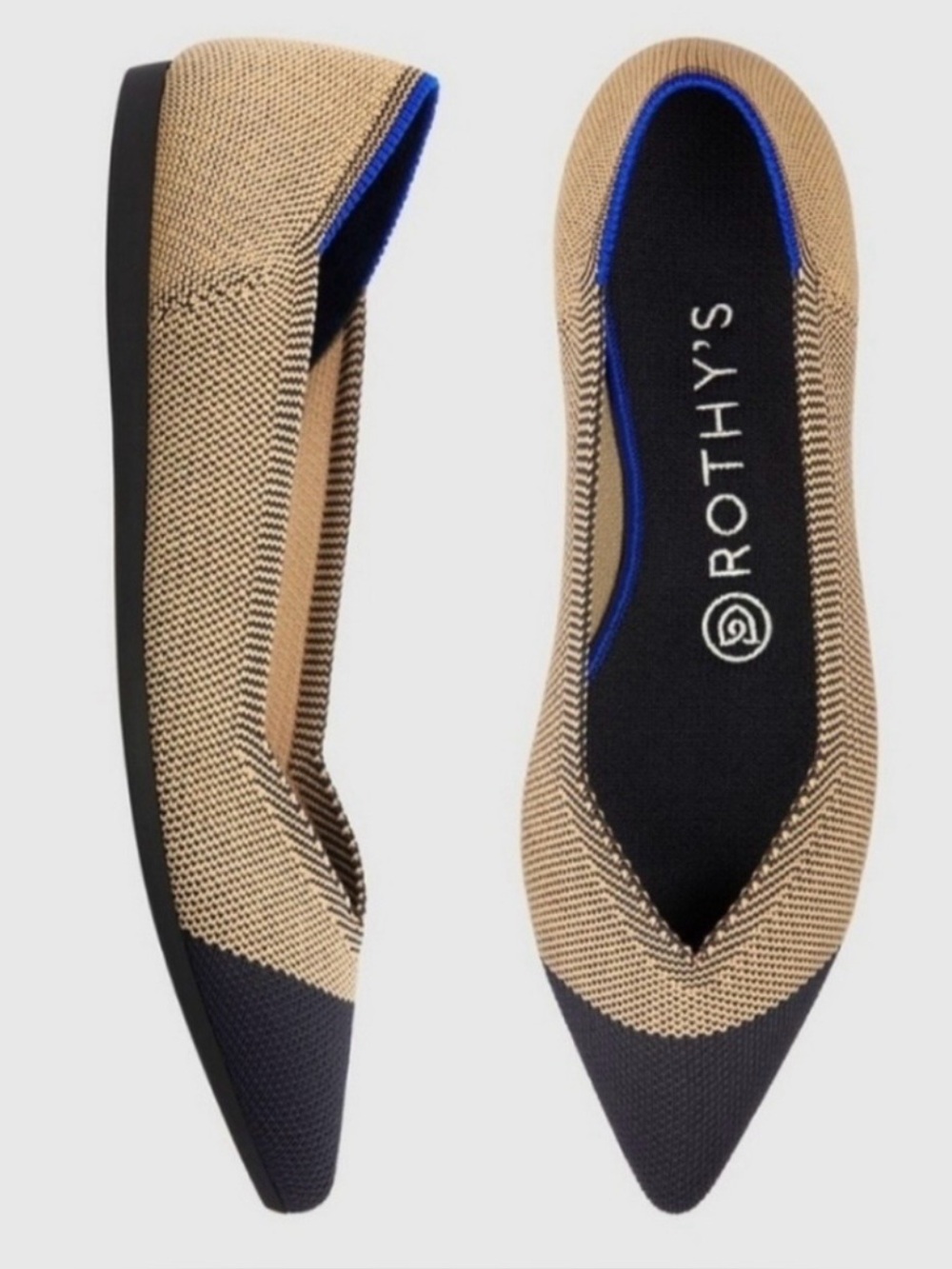 Rothy's Two Tone Pointed Toe Flats 
In Tan And Black Size: 8